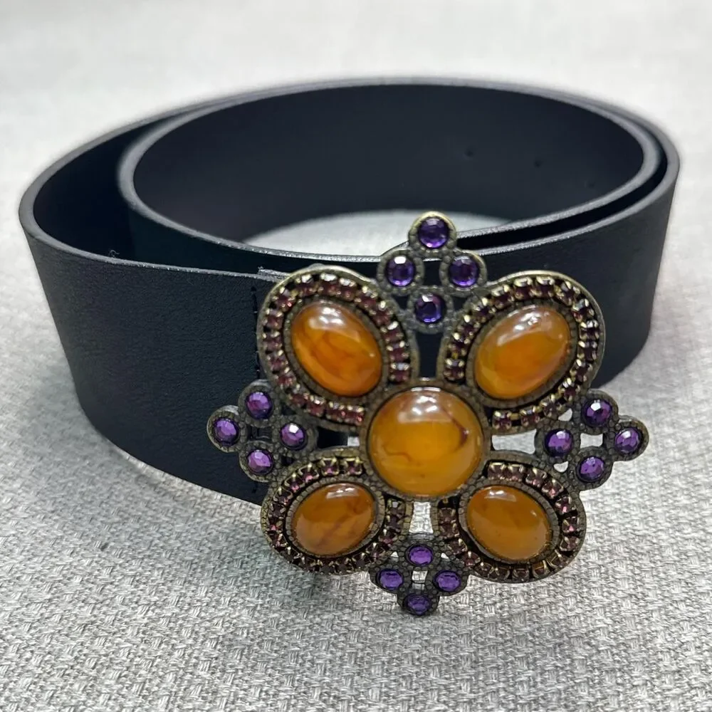 Vtg Just Cavalli Y2K 90s Black Leather Belt Western Statement Buckle Bling 177